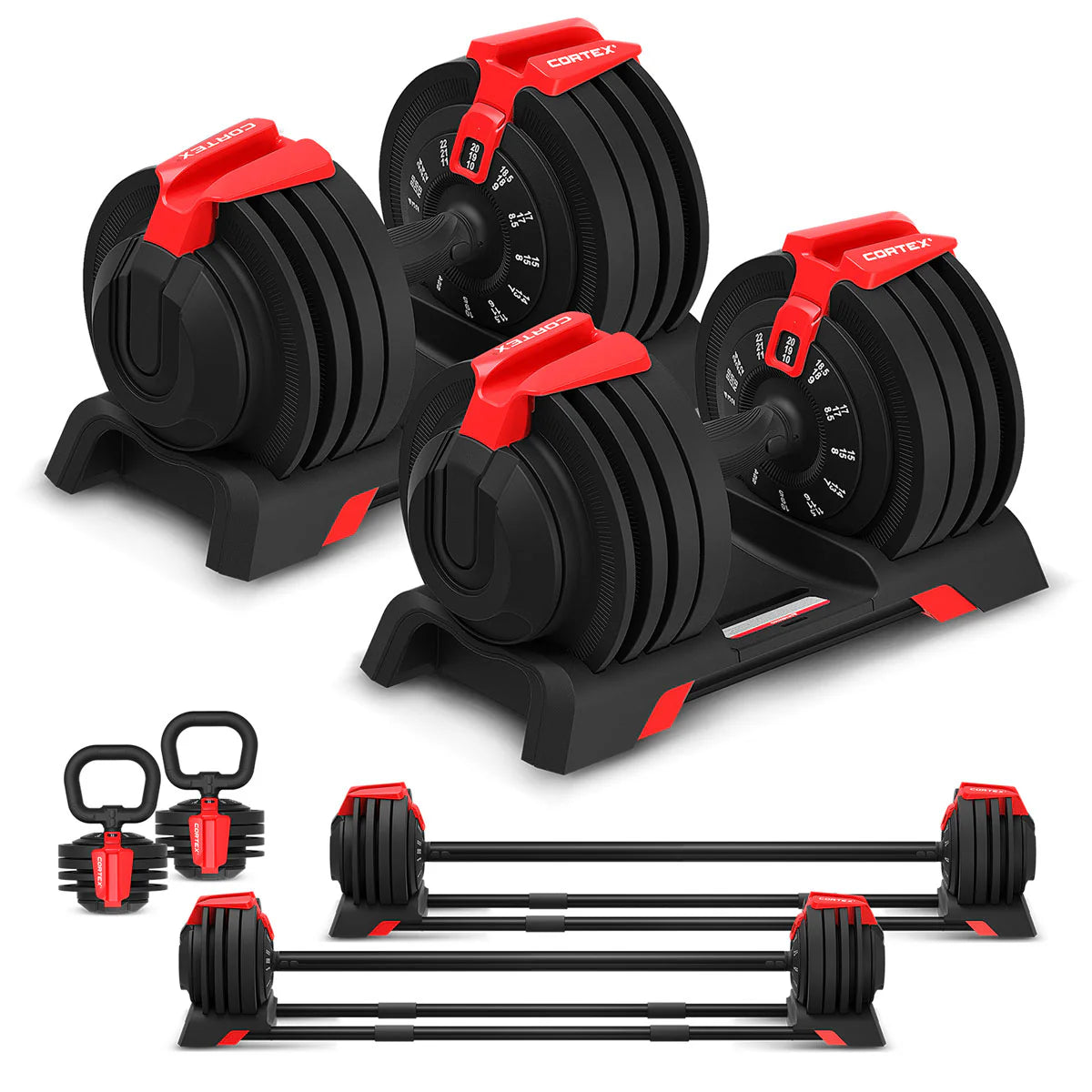 Cortex Revolock V2 48kg Adjustable Dumbbell + Barbell + Kettlebell All-in-One Set (24kg Pair) with Stand