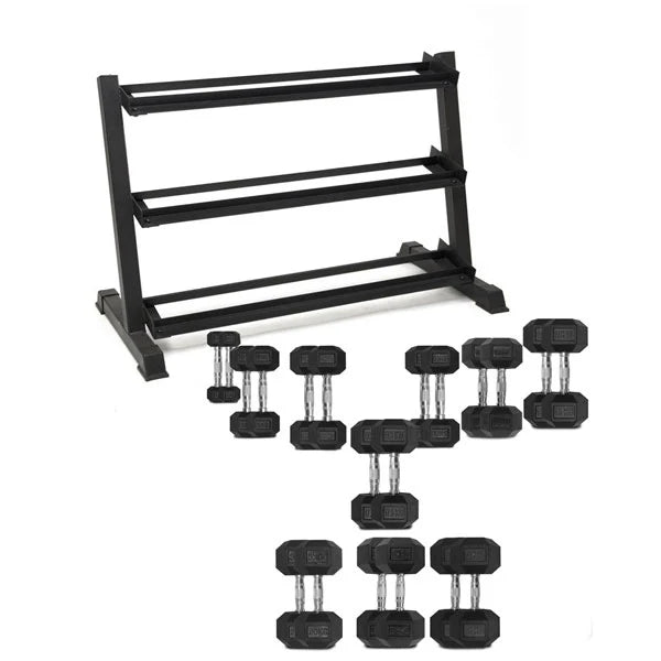 2.5kg-25kg Rubber Hex Dumbbell Set with 3 Tier Rack