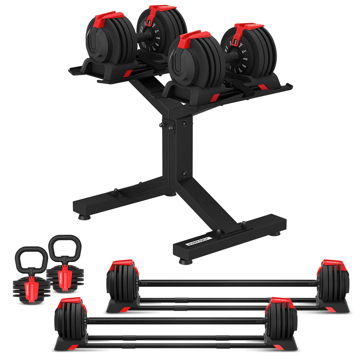 Cortex Revolock V2 48kg Adjustable Dumbbell + Barbell + Kettlebell All-in-One Set (24kg Pair) with Stand