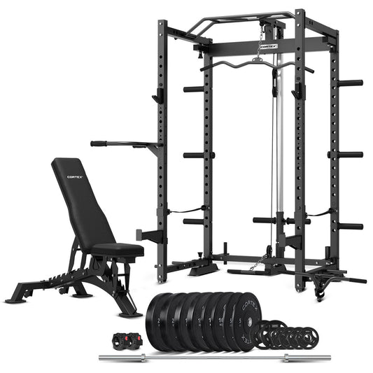 CORTEX PR-4 Foldable Squat & Power Rack + BN-9 Bench + 130kg Olympic Bumper Weight and Barbell Package