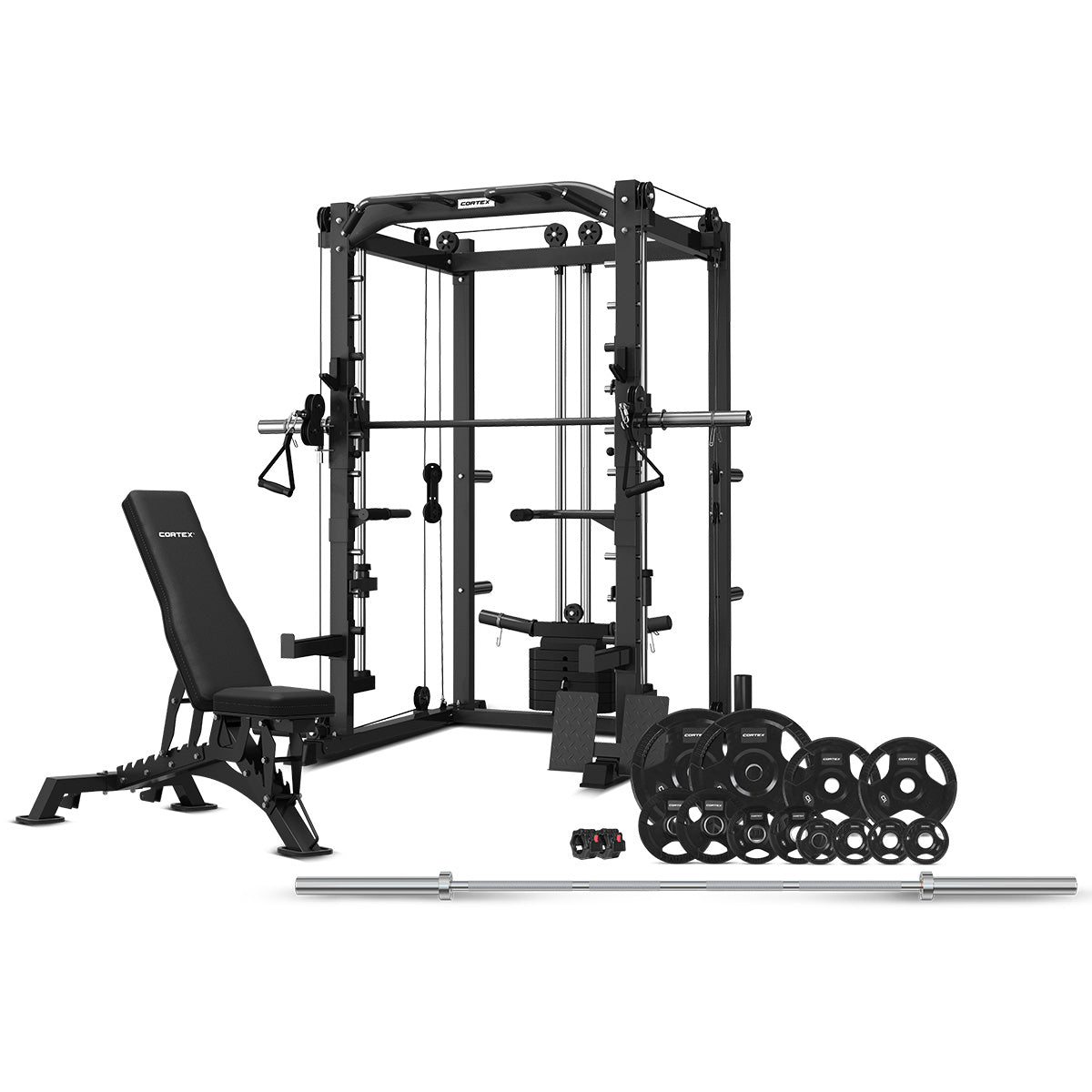 CORTEX SM-20 6-in-1 Power Rack with Smith & Cable Machine + BN-9 Bench + 100kg Olympic Tri-Grip Weight Plate & Barbell Package