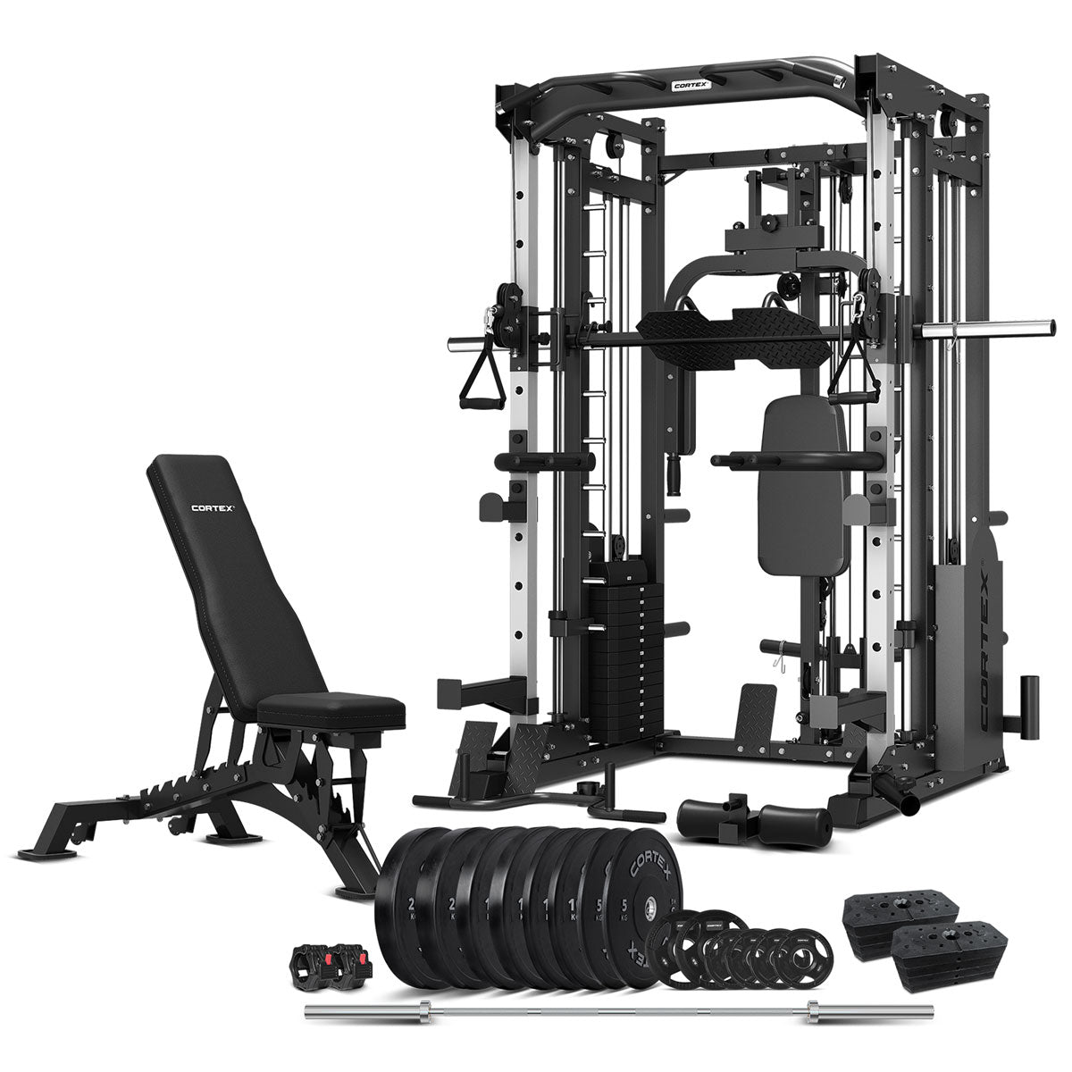 Cortex SM-25 6-In-1 Power Rack with Smith & Cable Machine + BN-9 Bench +  Ultimate Olympic Bumper Weight Plate & Barbell Package