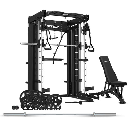 CORTEX SM-26 6-IN-1 POWER RACK WITH DUAL STACK SMITH & CABLE MACHINE + BN-9 BENCH + 100KG OLYMPIC TRI-GRIP WEIGHT PLATE & BARBELL PACKAGE