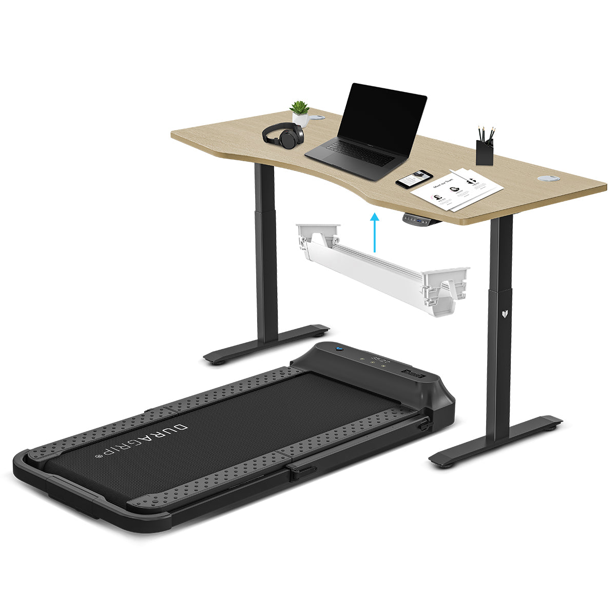 V-Fold Treadmill with ErgoDesk Automatic Oak Standing Desk 1800mm + Cable Management Tray