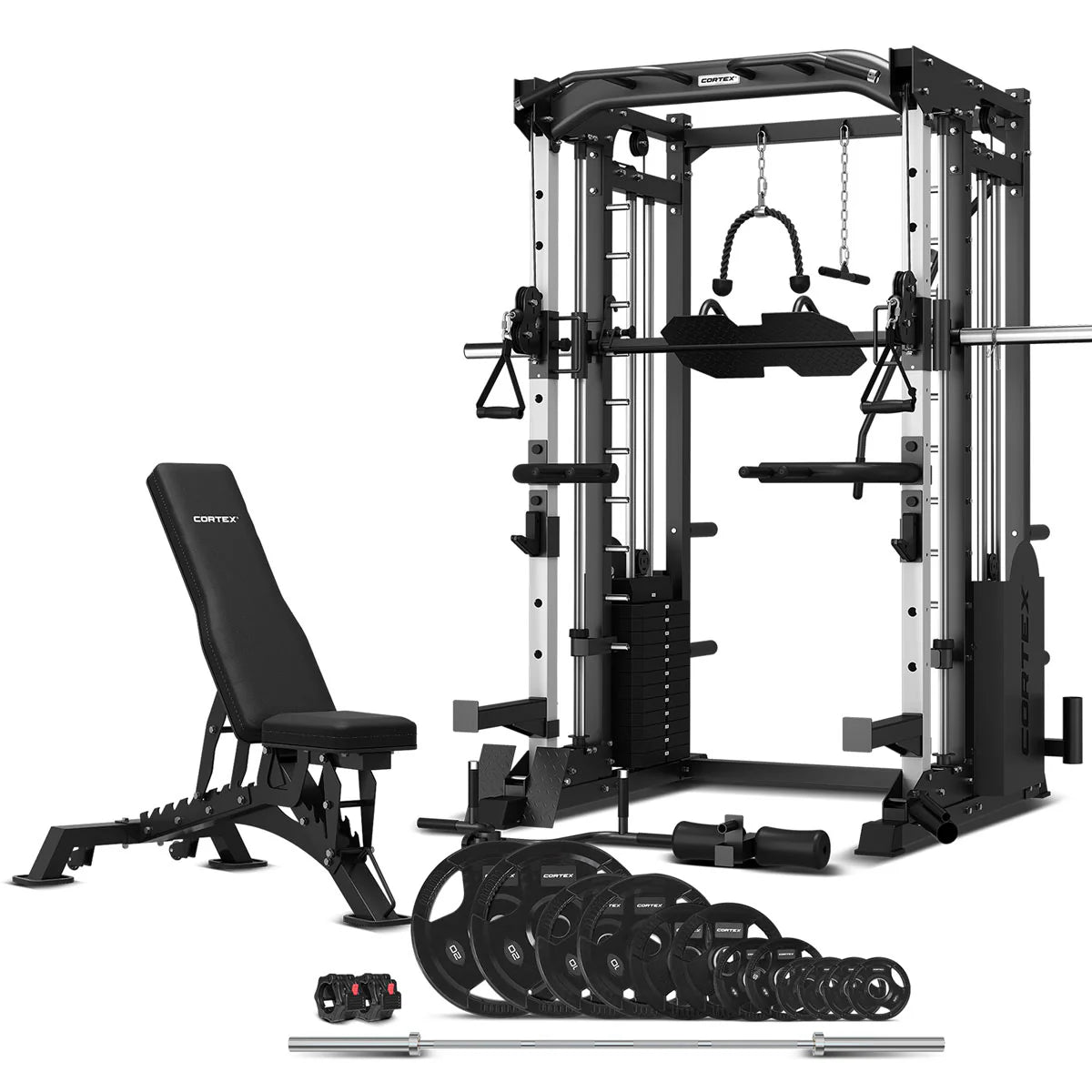 Cortem SM-25 6 in 1 Power Rack with Smith & Cable Machine + B9 Bench + 100kg Olympic Weight Plates & Barbell Package